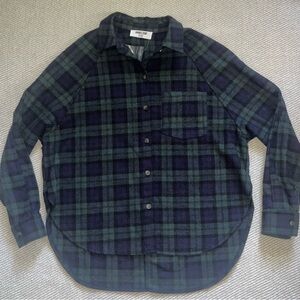 Women’s Double Zero Green Navy Plaid Flannel Shirt Jacket Oversized Shacket Sz S
